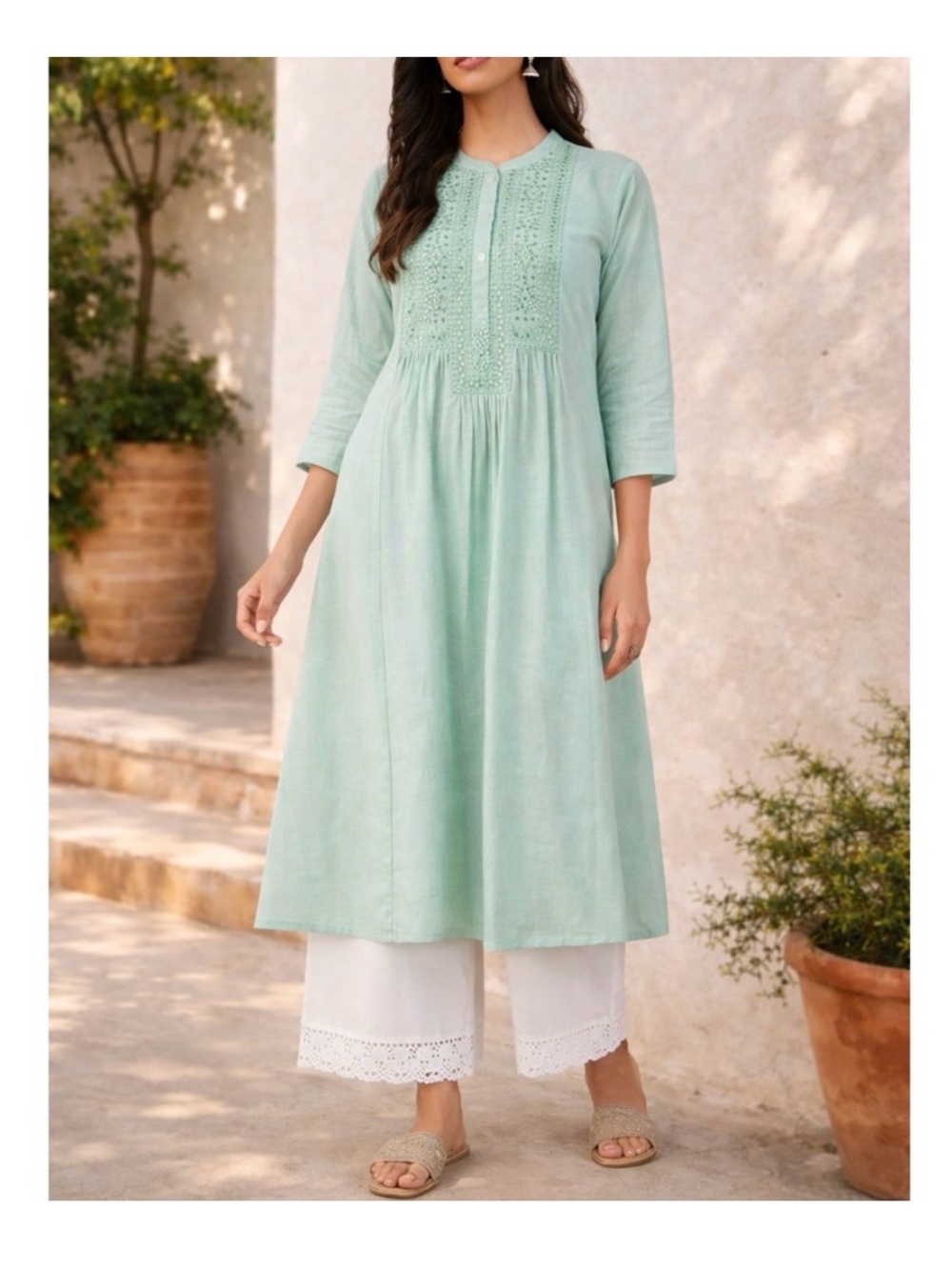 Utsa Mint Green Studded Embroidered Cotton Tunic Dress Boho Peasant XXL Coastal